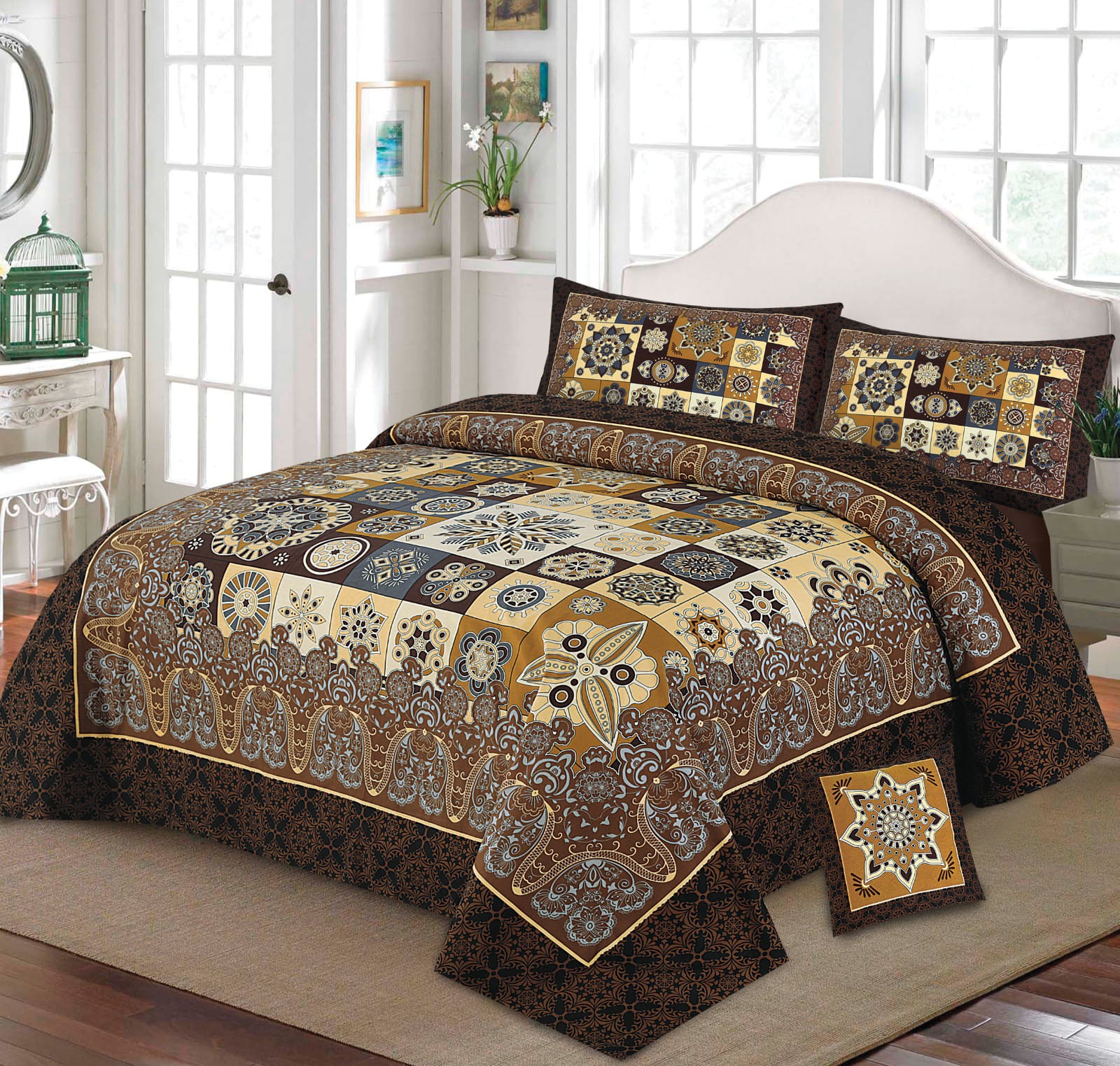 4Pcs 3D Panel Crystal Cotton Bedsheet Set