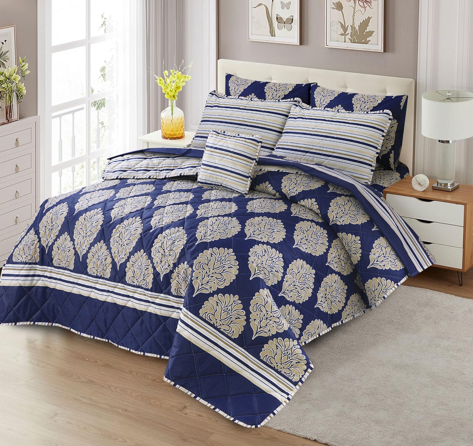 BLUE FLORAL -7pc Summer Comforter set. ( Light Filling)