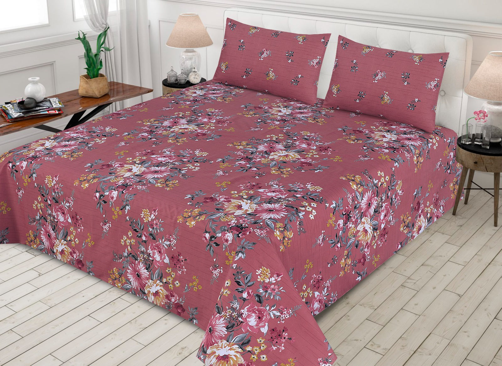 PINK FLORAL 3Pc- BED SHEET SET
