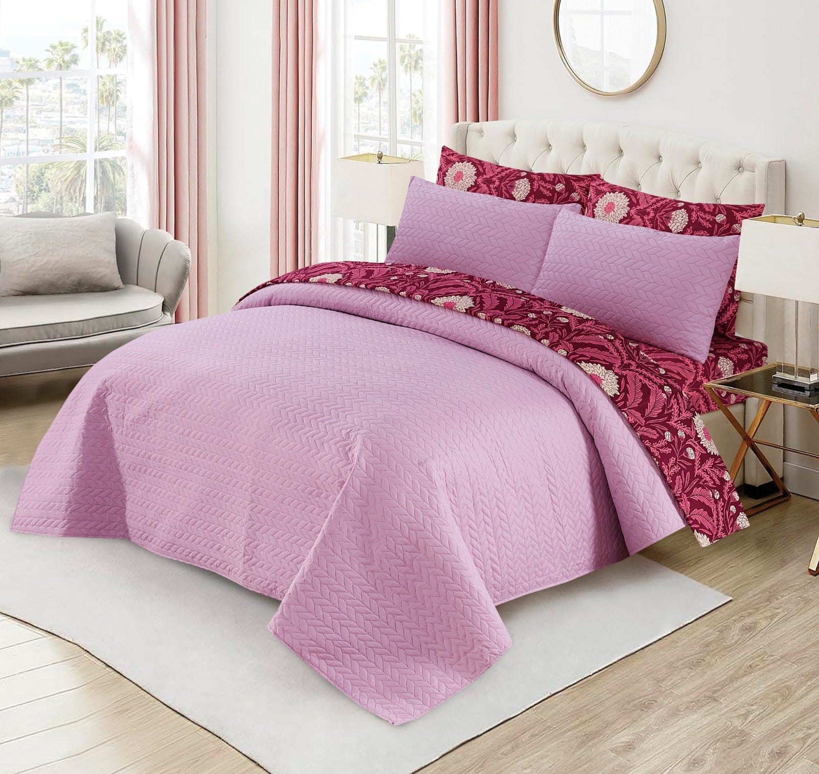 Luxury 6pc Comforter Set Ultrasonic Quilted Bedspread Solid colored