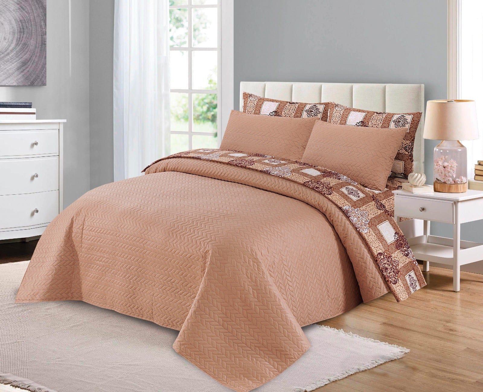 Luxury 6pc Comforter Set Ultrasonic Quilted Bedspread Solid colored