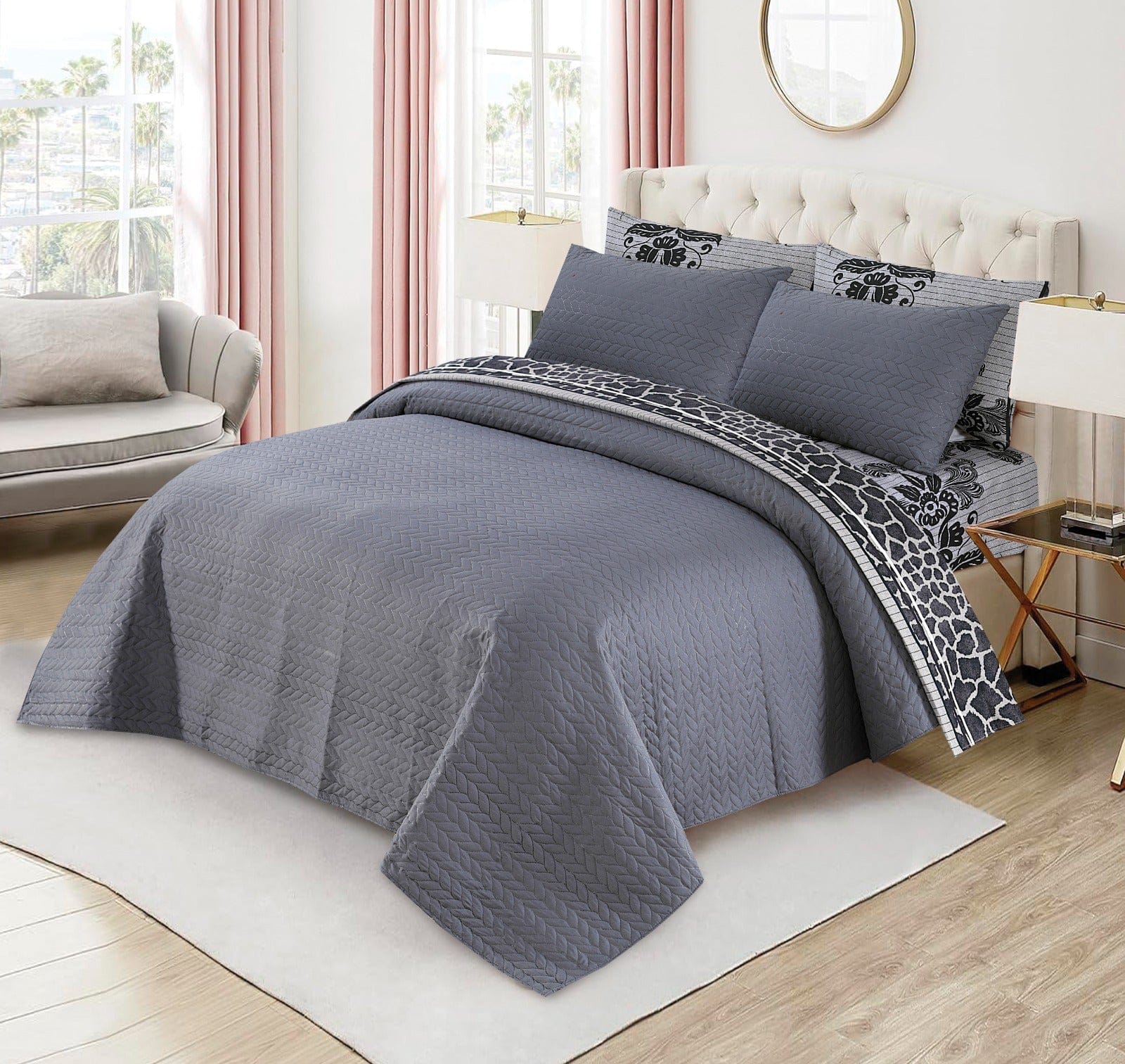 Luxury 6pc Comforter Set Ultrasonic Quilted Bedspread Solid colored