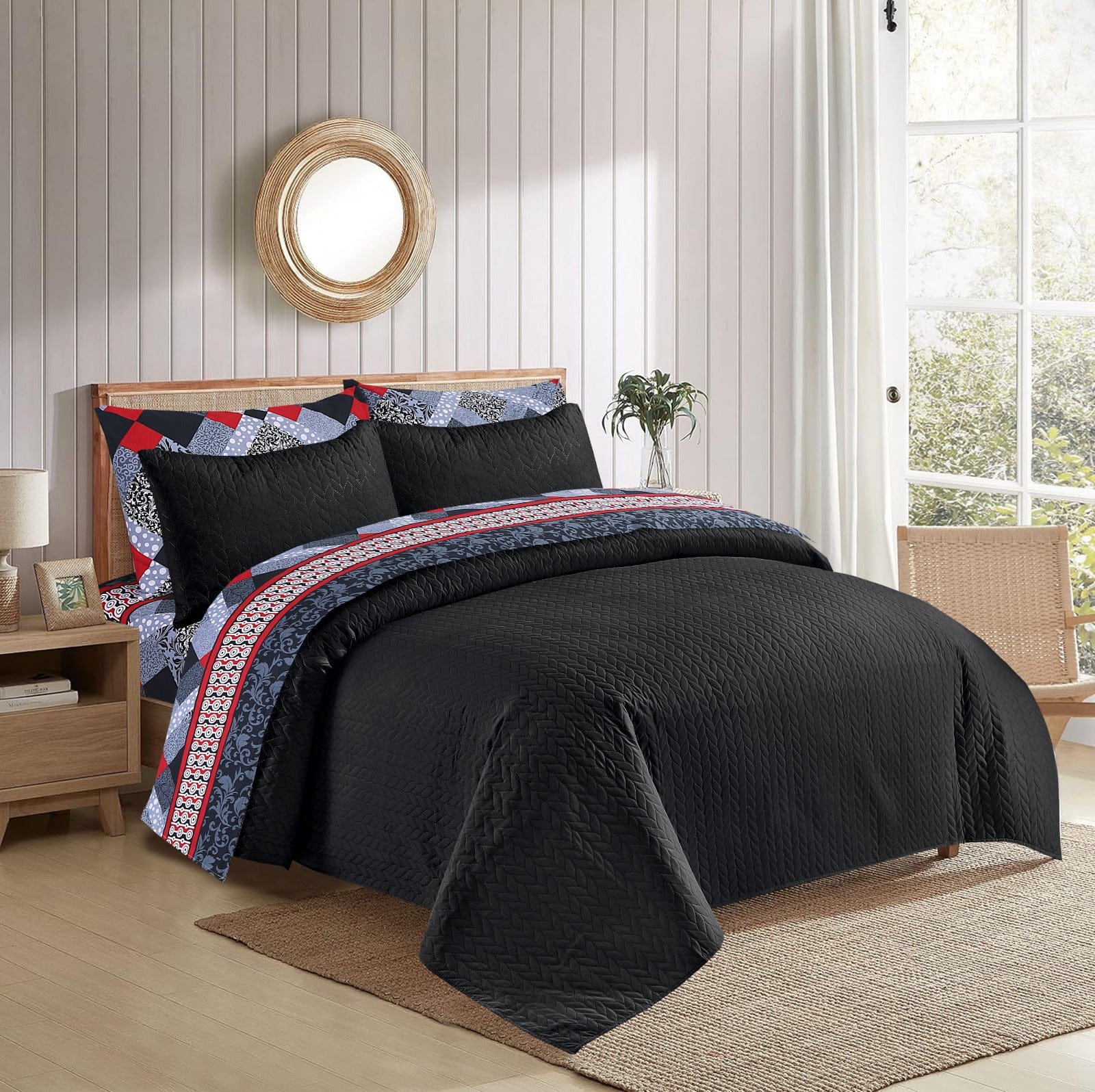 Luxury 6pc Comforter Set Ultrasonic Quilted Bedspread Solid colored