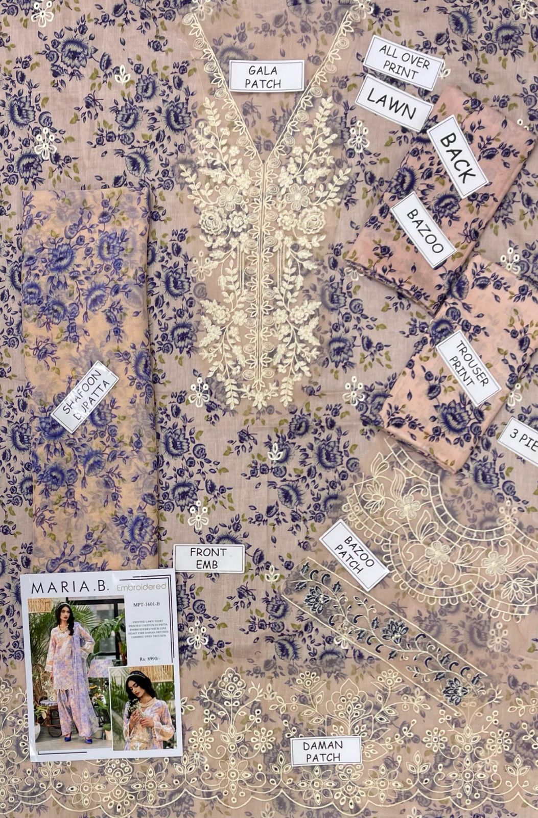 Printed Patch Emb Lawn 3 Piece Unstitched Suit ML -05 Summer Collection