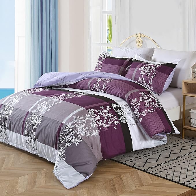 Grey Paisley & Purple-7pc Summer Comforter Set. ( Light Filling)